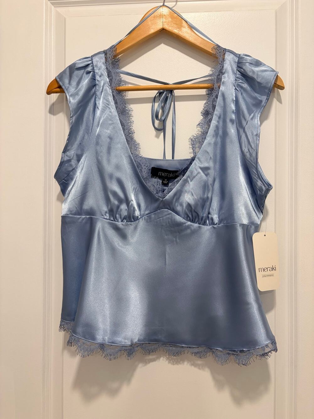 NWT Meraki Blue Satin Lace Trim Camisole Top Open Tie Back Balletcore Fairycore